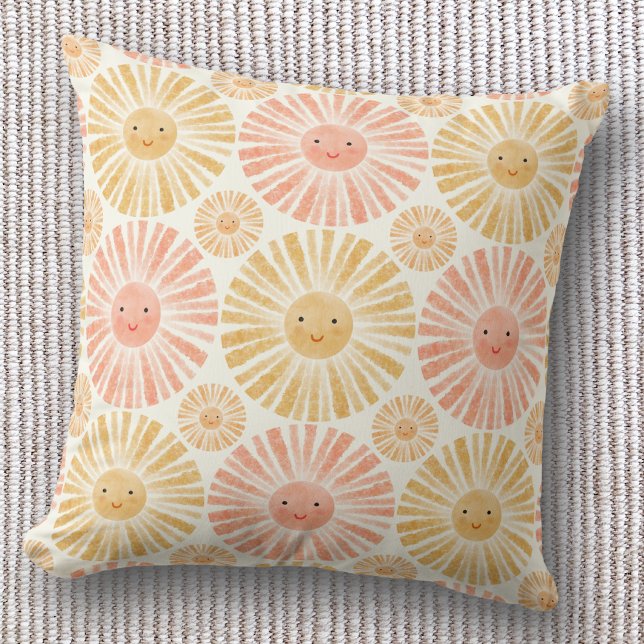 Almofada Padrão Aquarela Pequeno Sol (Happy watercolor sunshine pattern throw pillow, ideal for nursery or kids room)