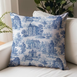 Almofada Padrão Arquitetônico Vintage Toile de Jouy Azul