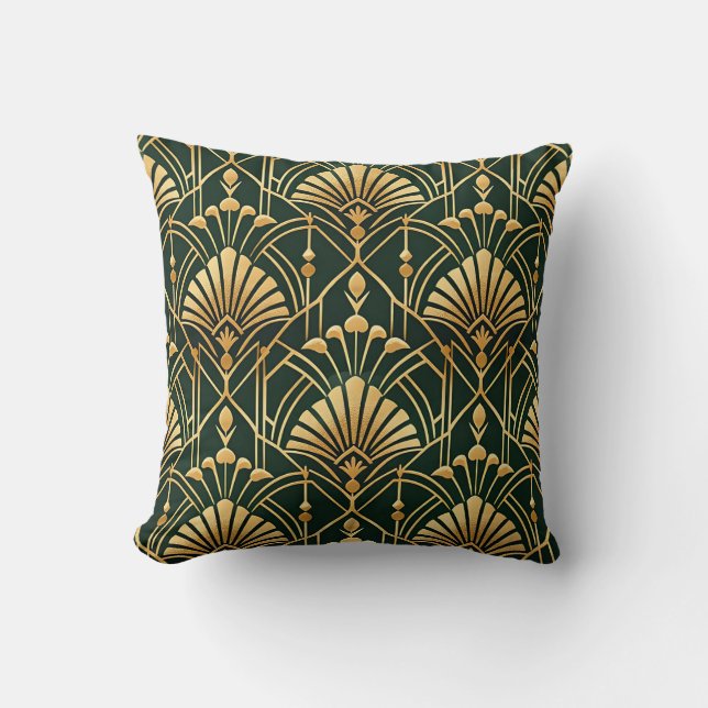 Almofada Padrão Art Déco em Ouro Esmeralda (Frente)