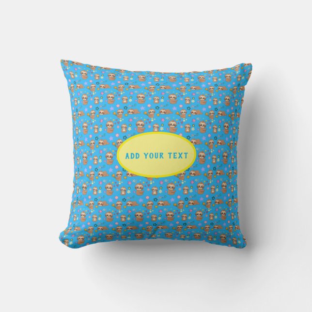 Almofada Padrão Azul Funny Sloth | Adicionar seu Modelo de  (Frente)