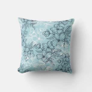 Almofada Padrão bonito de desenho de linha floral azul Past