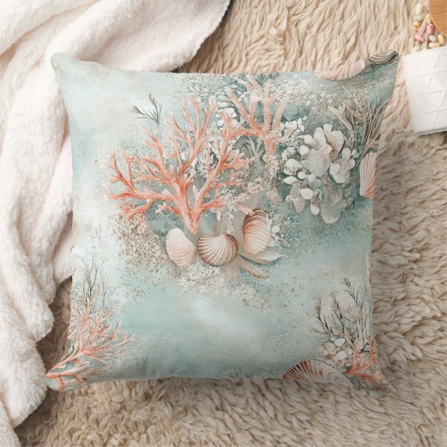 Almofada Padrão Botânico de Concha Oceano Aqua Suave (Cobertor)