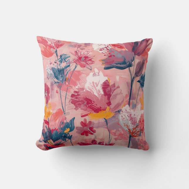 Almofada Padrão Botânico de Flores Rosas com Pinceladas Pin (Frente)
