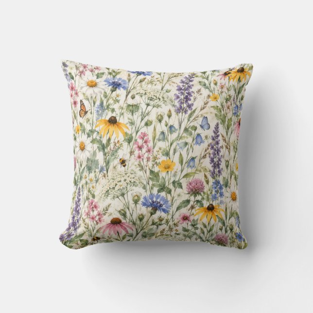 Almofada Padrão Botânico de Prado de Flores Silvestres (Frente)