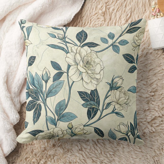 Almofada Padrão Botânico Floral Azul Vintage (6) (Cobertor)