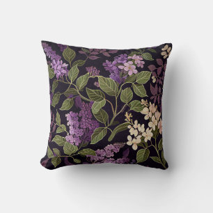 Almofada Padrão Botânico Floral Preto Púrpura Flor Lilac
