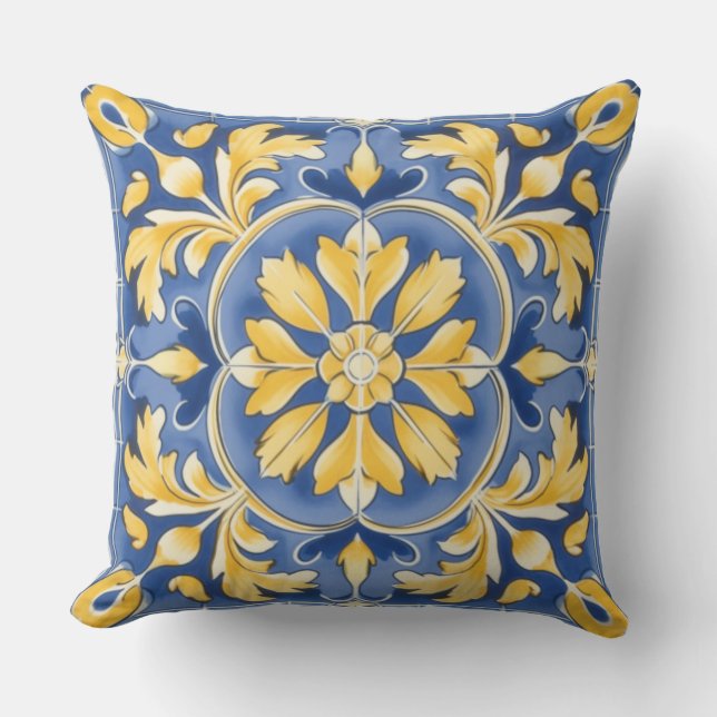 Almofada Padrão Botânico mediterrânico - Azul e Amarelo (Frente)