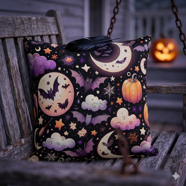 Almofada Padrão Caprichoso do Céu Noturno de Halloween (Whimsical Halloween Night Sky Pattern Throw Pillow Mockup B)