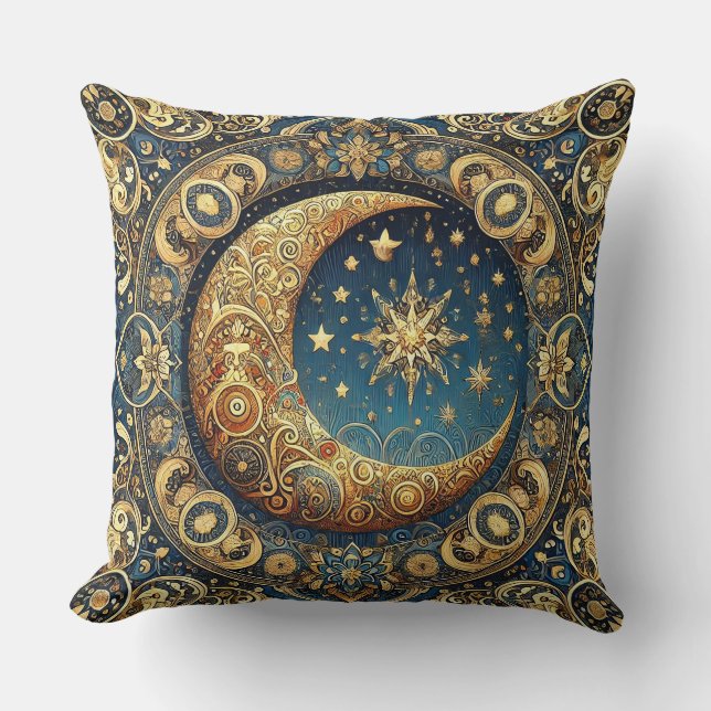 Almofada Padrão Celestial Ornamentado com Lua Crescente (Frente)