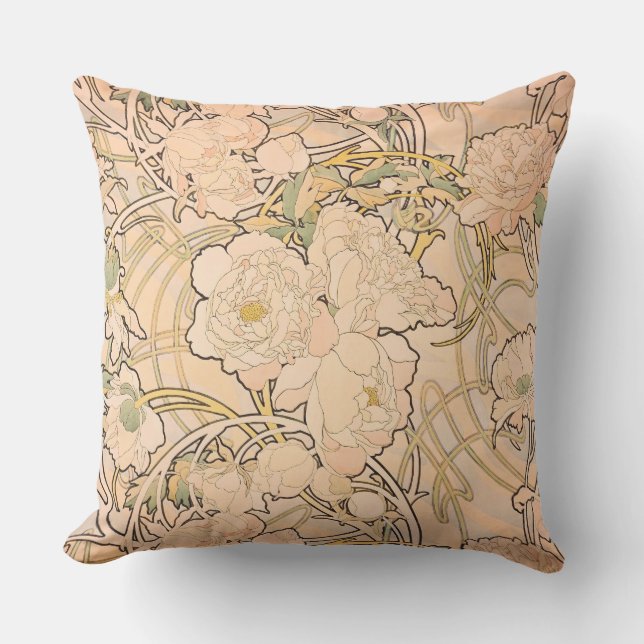 Almofada Padrão Clássico de Jardim de Peônia Art Nouveau po (Frente)