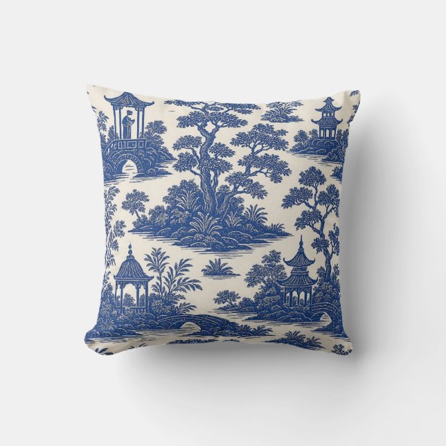 Almofada Padrão Clássico de Toile de Chinoiserie Azul e Bra (Frente)