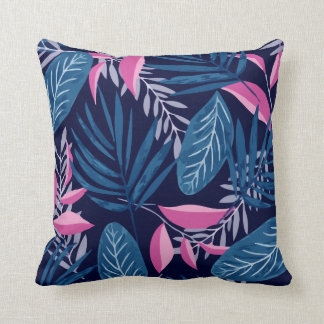 Almofada Padrão Com Flora Tropical Azul E Rosa