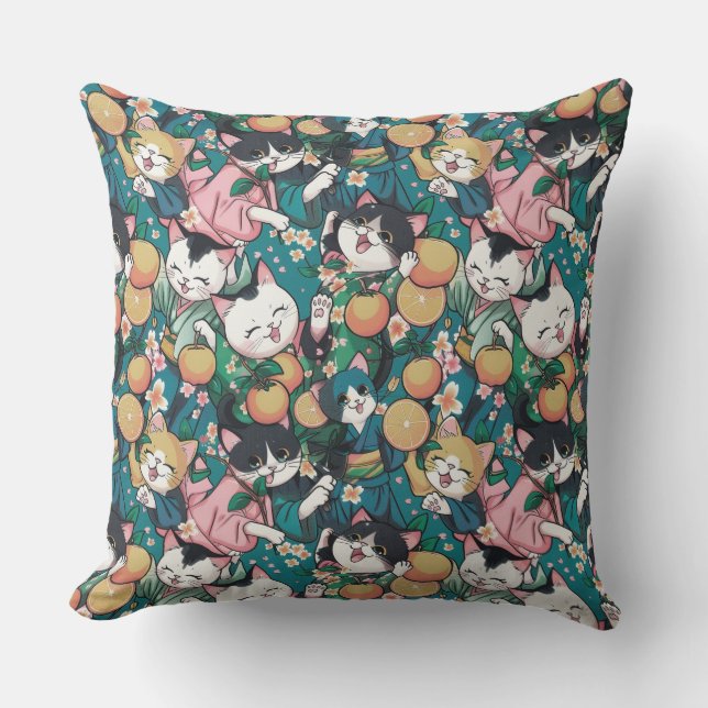 Almofada Padrão com gatos dançantes bonitos em kimonos, tan (Frente)