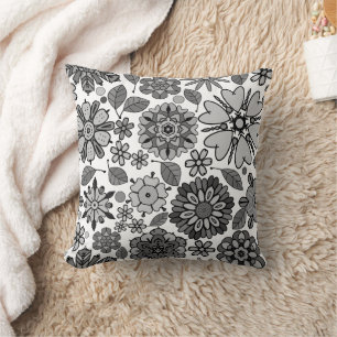 Almofada Padrão contínuo de arte floral retrô em preto, cin