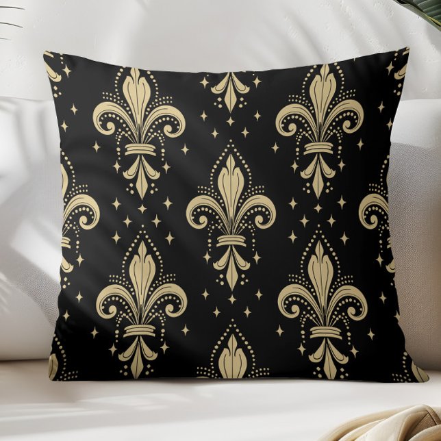 Almofada Padrão contínuo de flor-de-lis dourada em preto (Criador carregado)