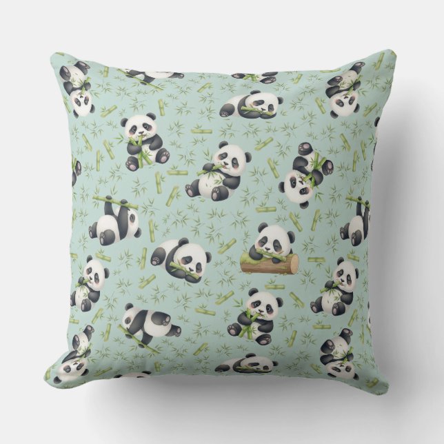 Almofada Padrão contínuo de Panda Fofo e Bambu (Frente)