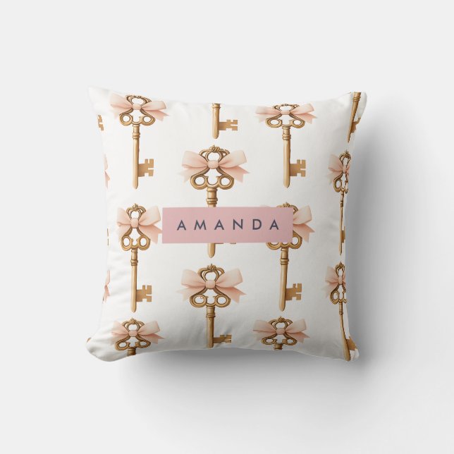 Almofada Padrão Coquette Personalizado Chave Dourada e Laço (Frente)
