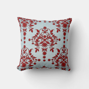 Almofada Padrão Damásco Vermelho Escuro e Azul Turquesa Cla