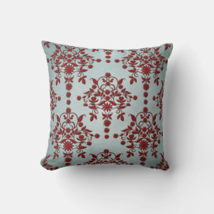 Almofada Padrão Damásco Vermelho Escuro e Azul Turquesa Cla