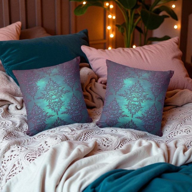 Almofada Padrão Damask de Azul-turquesa para Roxo Chique (Criador carregado)