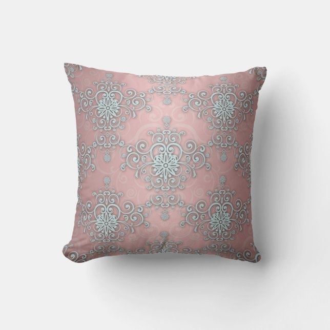 Almofada Padrão Damask Fancy Rosa e Azul Bebê Pálido (Frente)