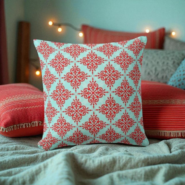 Almofada Padrão Damask Vermelho sobre Azul Turquesa (Criador carregado)