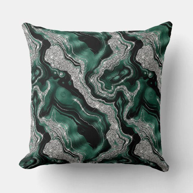 Almofada Padrão de Ágata Verde e Brilho Prateado Elegante (Frente)