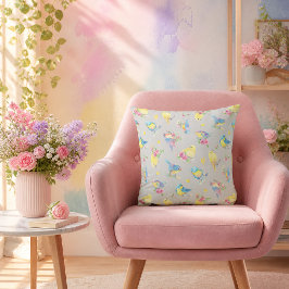 Almofada Padrão de Aquarela de Pássaros e Flores desenhado 