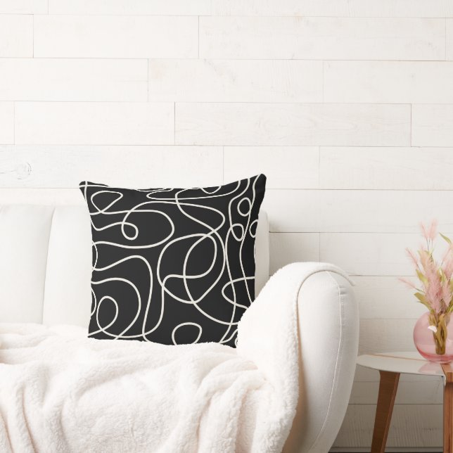 Almofada Padrão de Arte de Linha de Dodle | Creme em preto (Sofá)