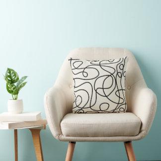 Almofada Padrão de Arte de Linha de Dodle | Preto em Creme