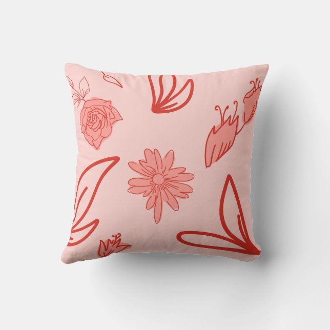 Almofada Padrão de Arte de Linha Floral Rosa (Verso)