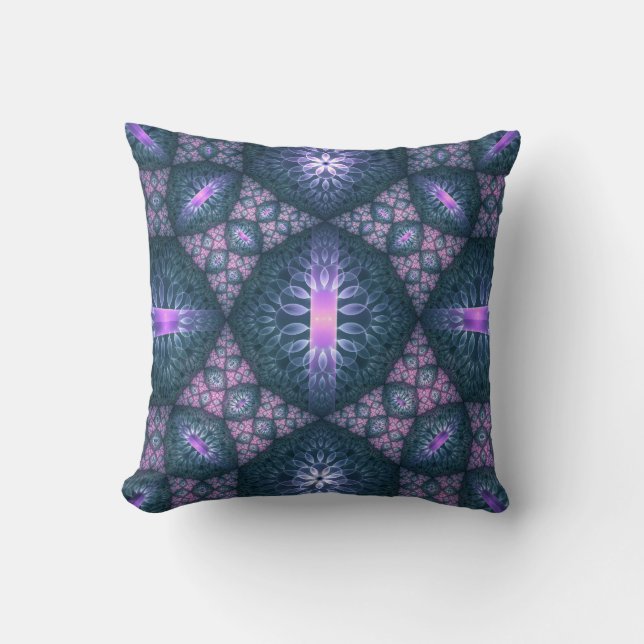 Almofada Padrão de Arte Fractal 3D Turquesa Roxo Rosa (Frente)