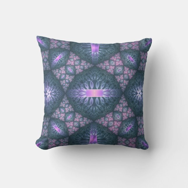 Almofada Padrão de Arte Fractal 3D Turquesa Roxo Rosa (Frente)