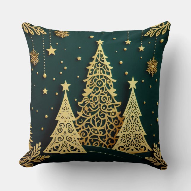 Almofada Padrão de Árvore de Natal Dourada Elegante (Frente)