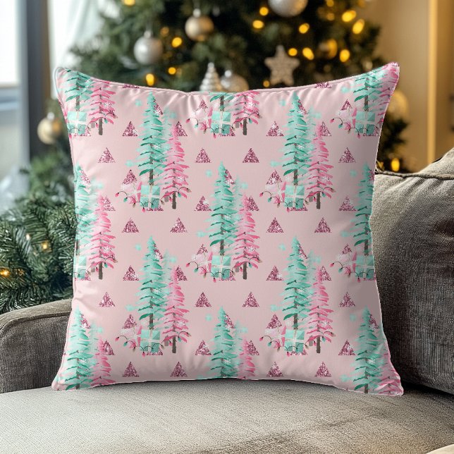 Almofada Padrão de Árvore de Natal Rosa Bonito (Criador carregado)