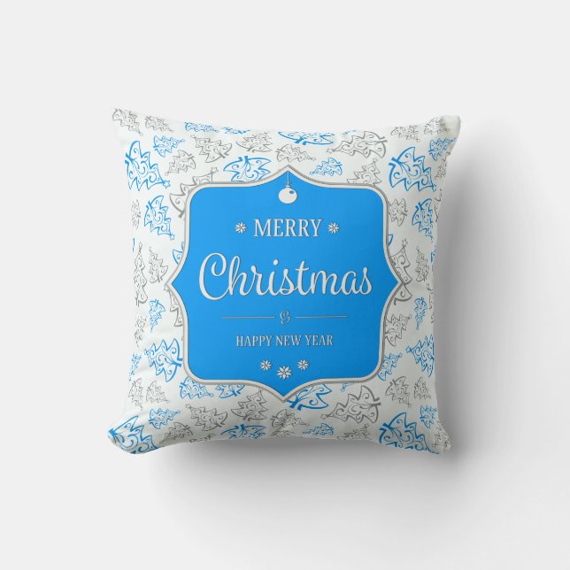 Almofada Padrão de Árvores de Natal Elegantes Azuis e Prate (Frente)