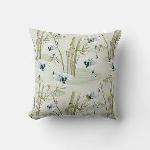 Almofada Padrão de Ave Bamboo de Arte Asiática da Aquarela 