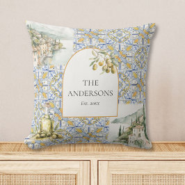 Almofada Padrão de Azulejo Azul Amarelo Mediterrâneo Oliva