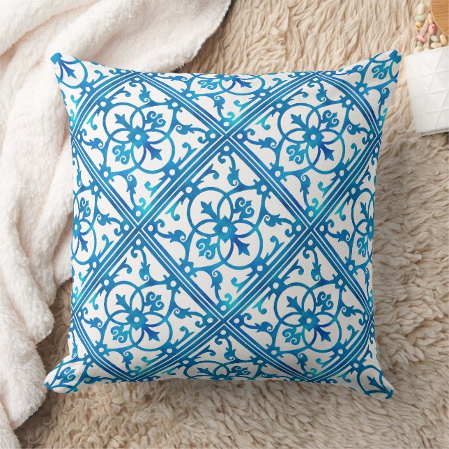 Almofada padrão de azulejo azul índigo (Cobertor)