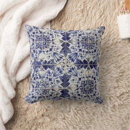 Almofada Padrão de Azulejo Branco Geométrico Azul Vintage