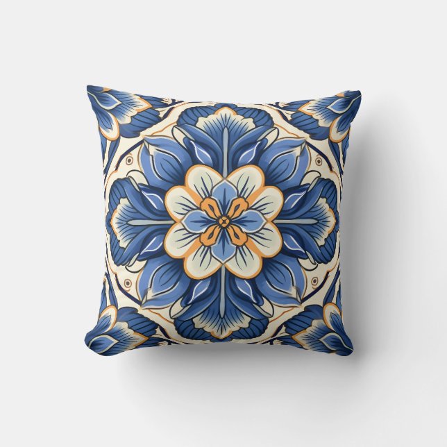 Almofada Padrão de Azulejo Floral do Estilo Mediterrânico (Frente)