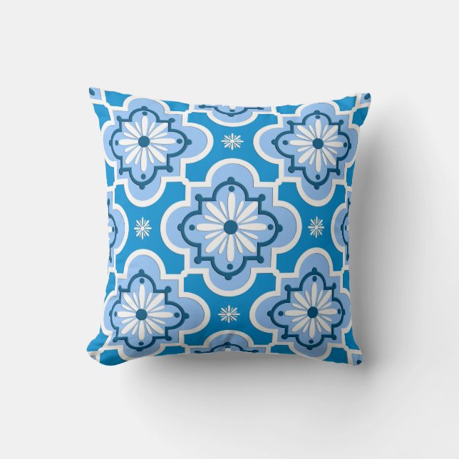 Almofada Padrão de azulejo marroquino - Azul e Branco (Frente)