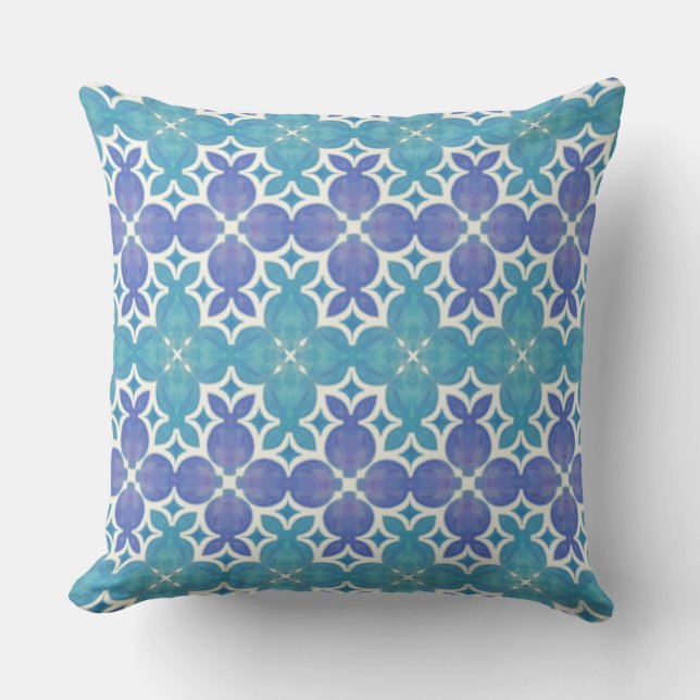 Almofada Padrão de azulejo simétrico em aquarela azul e rox (Frente)