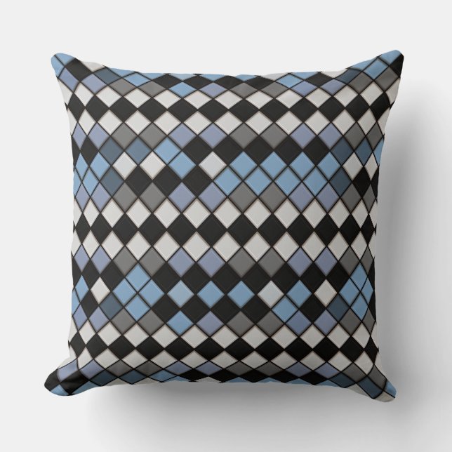 Almofada Padrão de Azulejos Diamante Azul e Cinza (Frente)