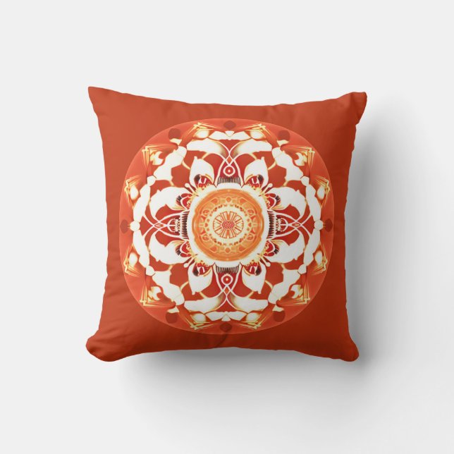 Almofada Padrão de Batik Mandala em Vermelho Ruivo (Frente)