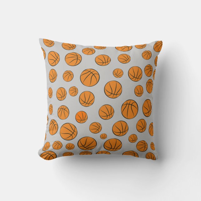 Almofada Padrão de Bolas de Basquetebol em Fundo Cinza (Frente)