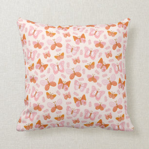 Almofada Padrão de borboleta laranja-rosa-branca