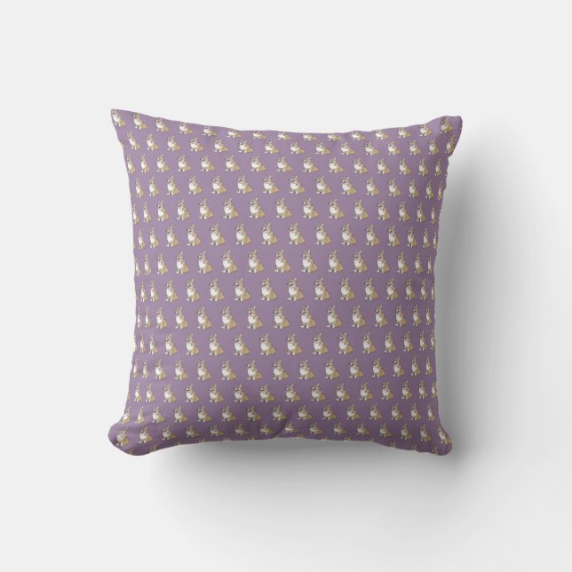 Almofada Padrão de Cachorro Corgi Cortado em Fundo Violeta (Frente)