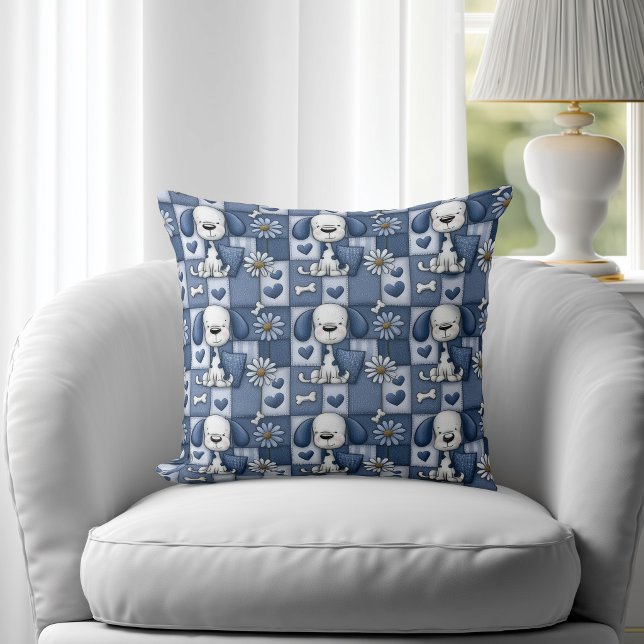 Almofada Padrão de Cachorro em Patchwork Azul e Branco (Criador carregado)