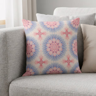 Almofada Padrão de Caleidoscópio Floral Azul Cor-de-Rosa Mo